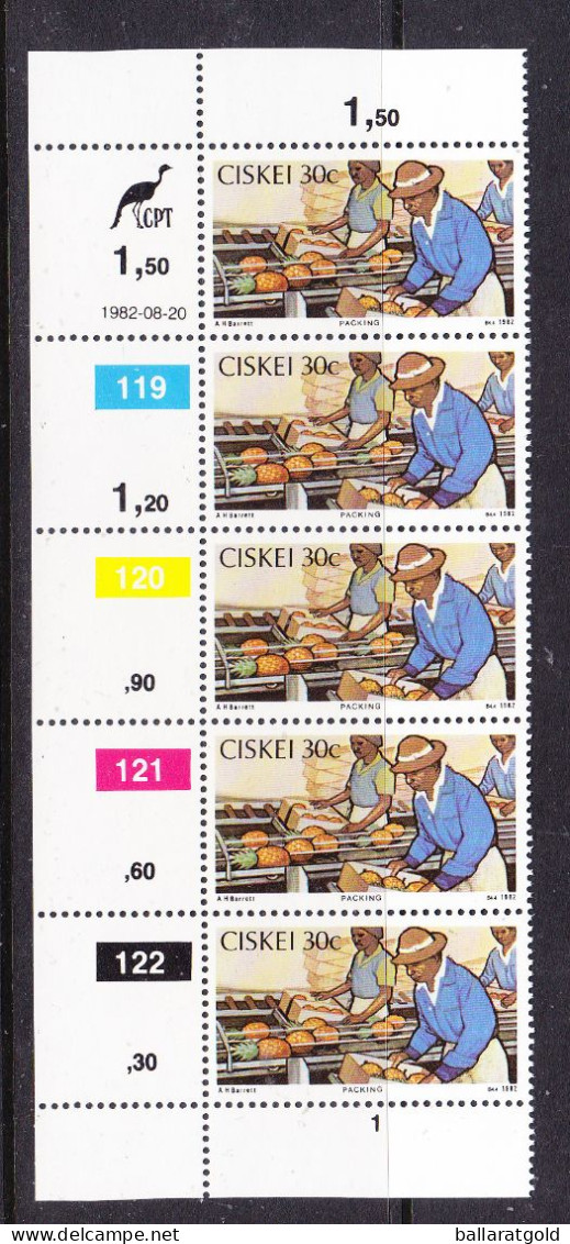 Ciskei 1982 Pineapple Industry 30c Packaging Strip 5 Plated - Ciskei