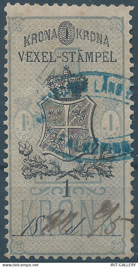 Suède-Sweden-Schweden,SVERIGE,Svezia,1887 VEXEL-STÄMPEL,Revenue Stamp Tax Fiscal,1Krona,Obliterated,Rare! - Revenue Stamps