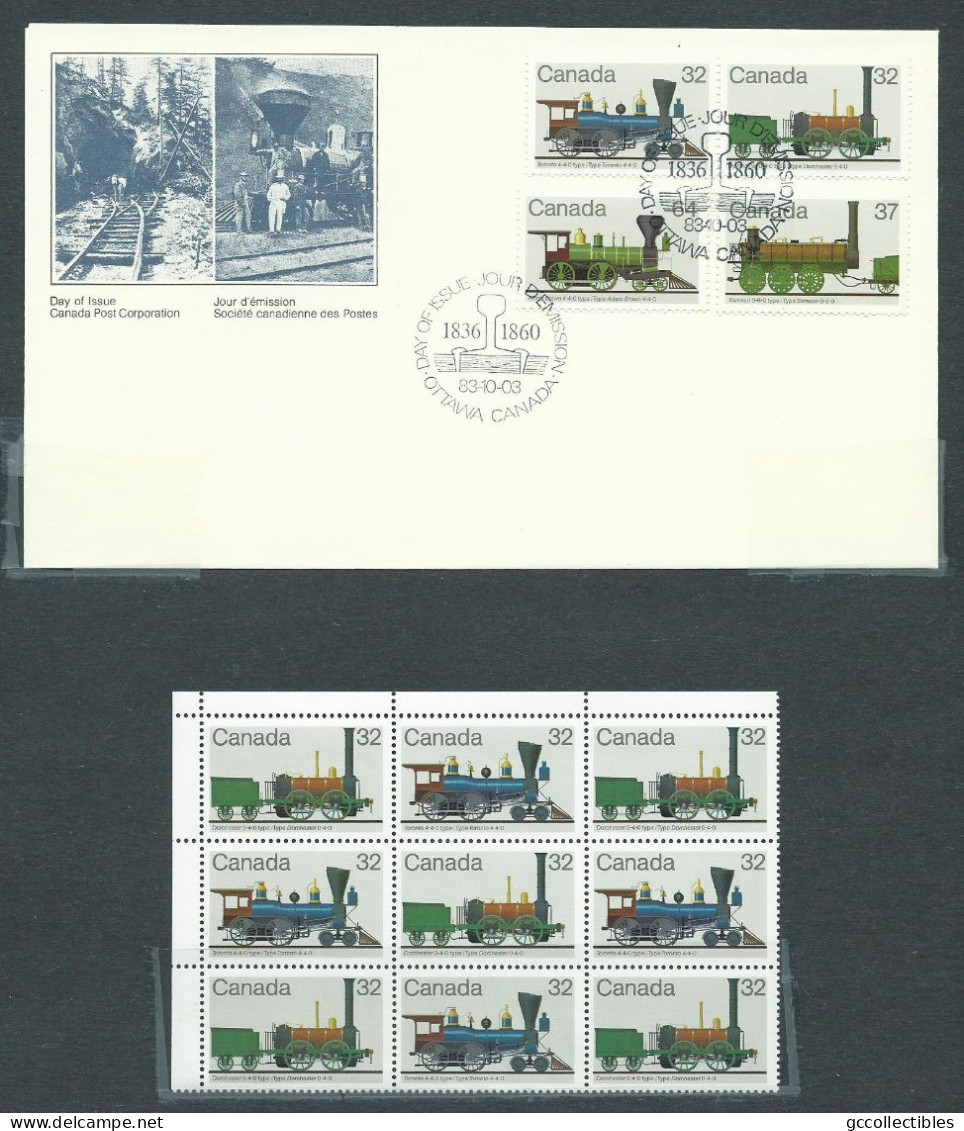 Canada # 999-1002-UL. Blank Corner Block Of 9 MNH + Combo FDC - Locomotives (1836-1860) -1 - Hojas Bloque