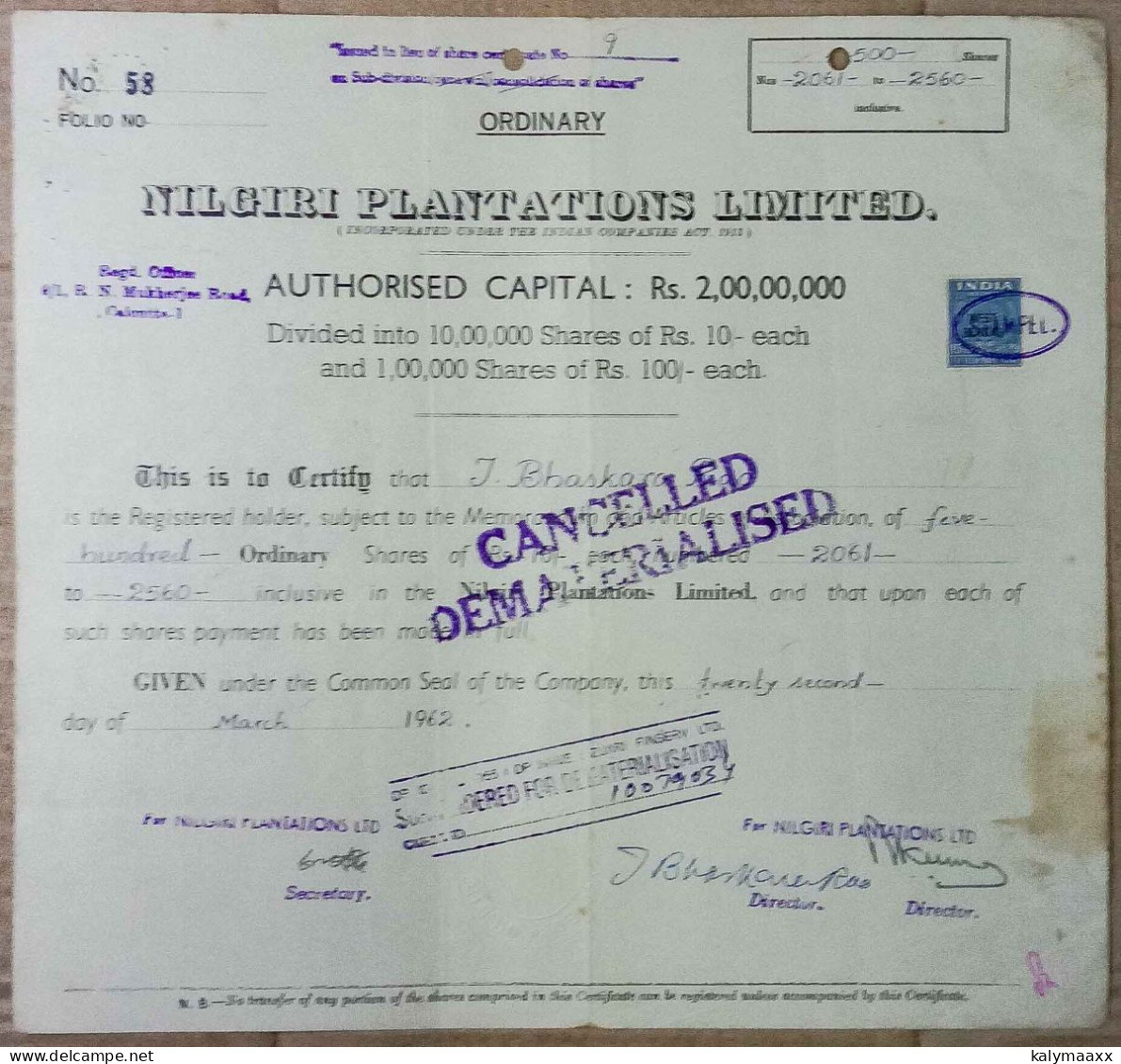 INDIA 1962 NILGIRI PLANTATIONS LIMITED.....SHARE CERTIFICATE - Agricultura