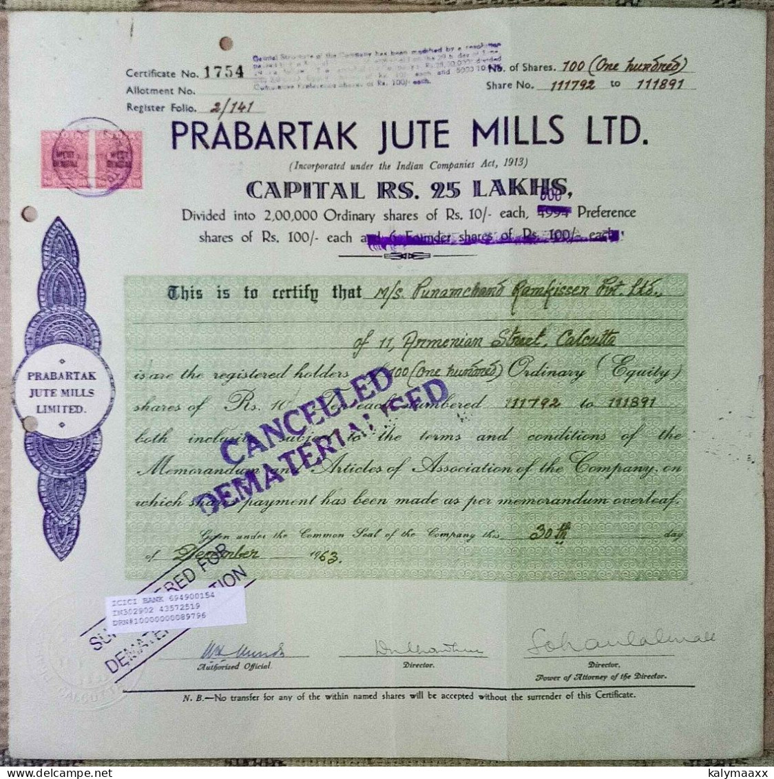 INDIA 1963 PRABARTAK JUTE MILLS LIMITED, JUTE INDUSTRY.....SHARE CERTIFICATE - Industrie