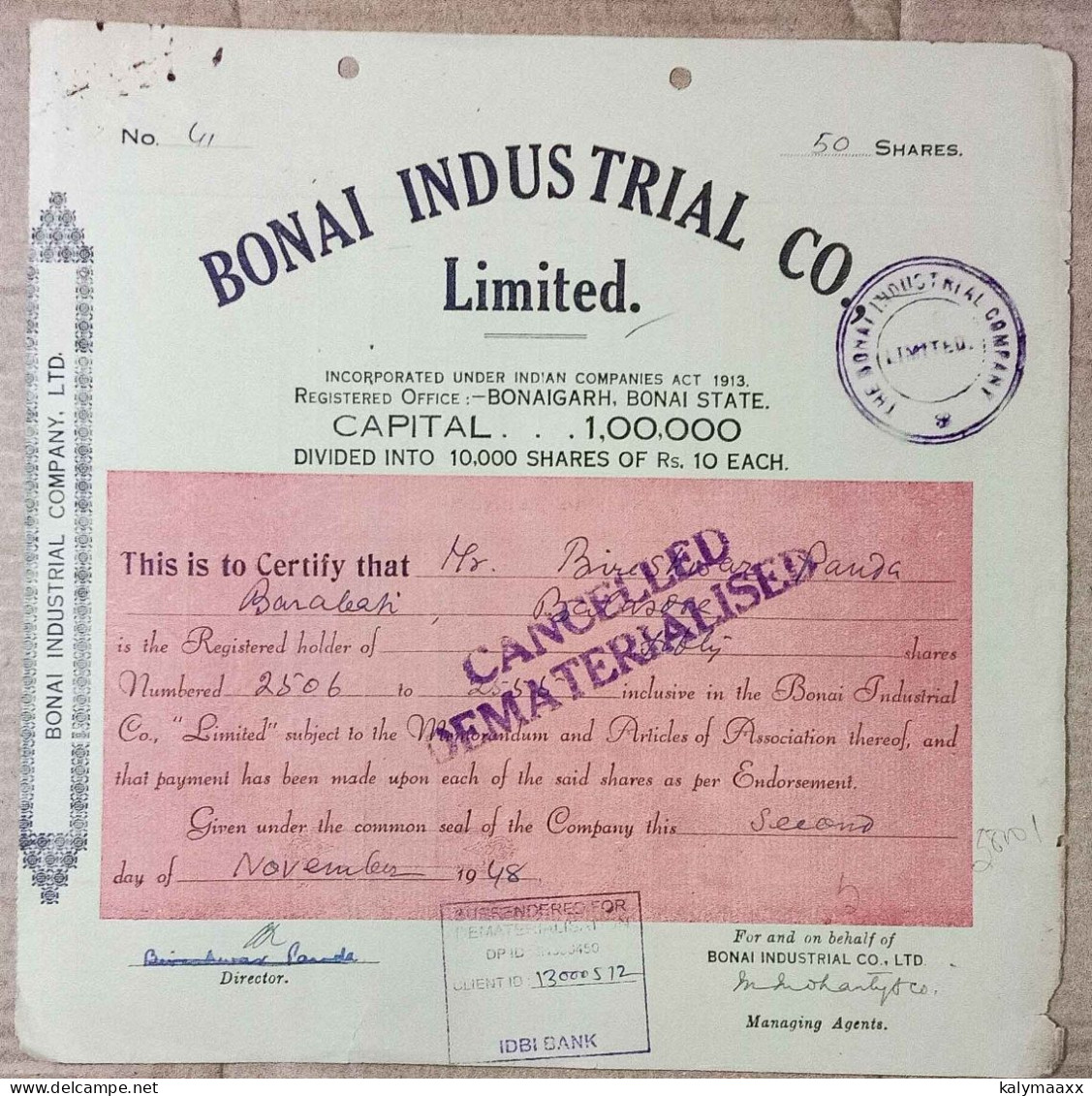 BRITISH INDIA 1948 BONAI INDUSTRIAL COMPANY LIMITED, BONAI STATE ODISHA.....SHARE CERTIFICATE - Industrie