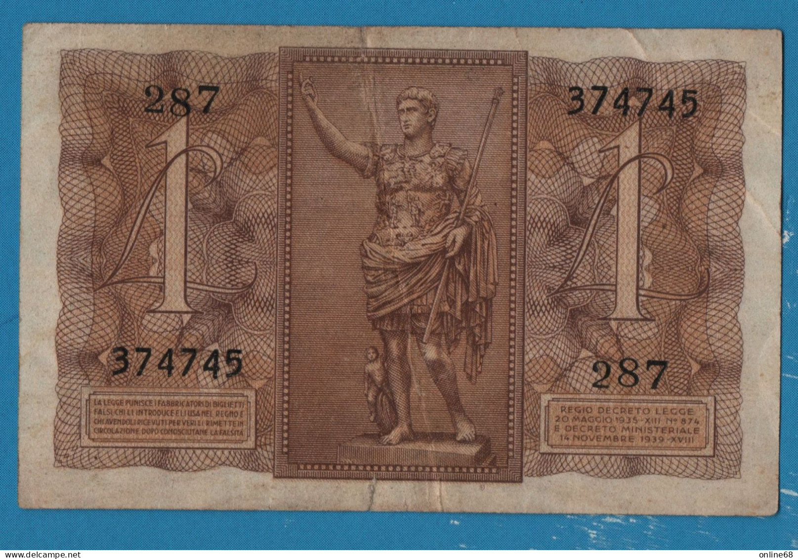 ITALIA 1 LIRE 14.11.1939 # 287 374745 P# 26 Caesar Augustus - Other & Unclassified