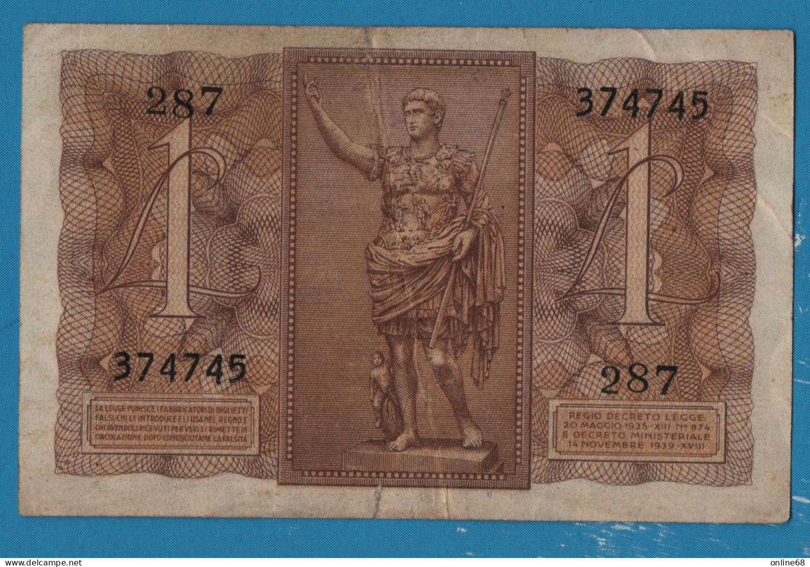 ITALIA 1 LIRE 14.11.1939 # 287 374745 P# 26 Caesar Augustus - Andere & Zonder Classificatie