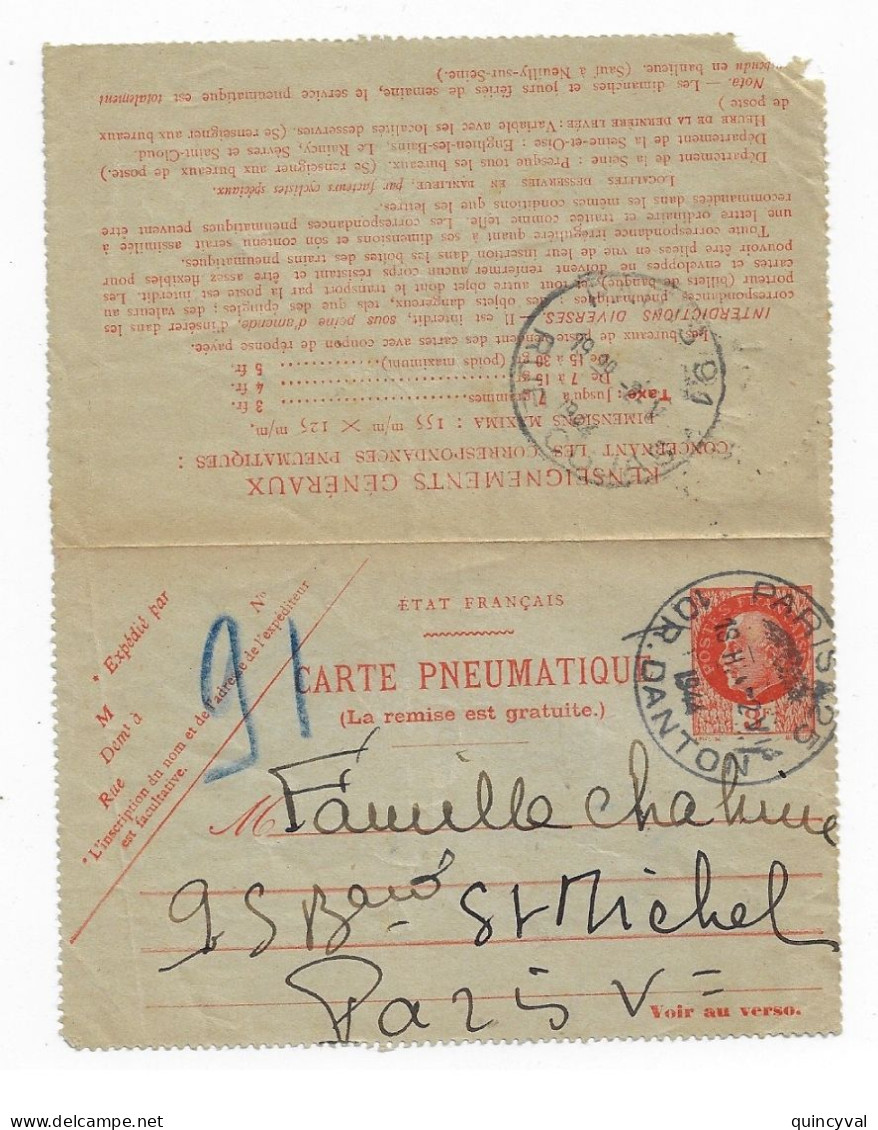 PARIS 25 10 R Danton Carte Lettre 3F Pétain Yv 521-CLPP1 Ob 2 6 1944 - Pneumatiques