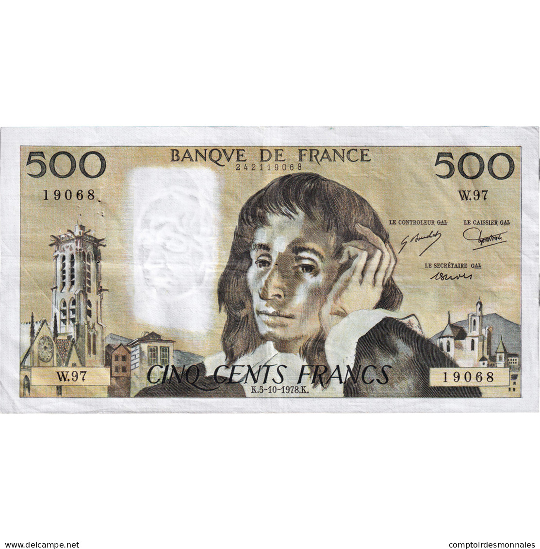 France, 500 Francs, Pascal, 1978, W.97, TTB+, Fayette:71.18 - 500 F 1968-1993 ''Pascal''