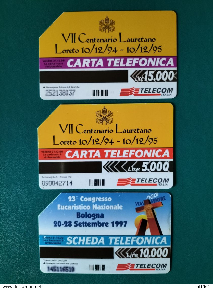 Set 3 Schede Telefoniche Telecom Papa VII Centenario Lauretano Loreto 1995 +  23mo Congresso Eucaristico Bologna 1997 - Personajes