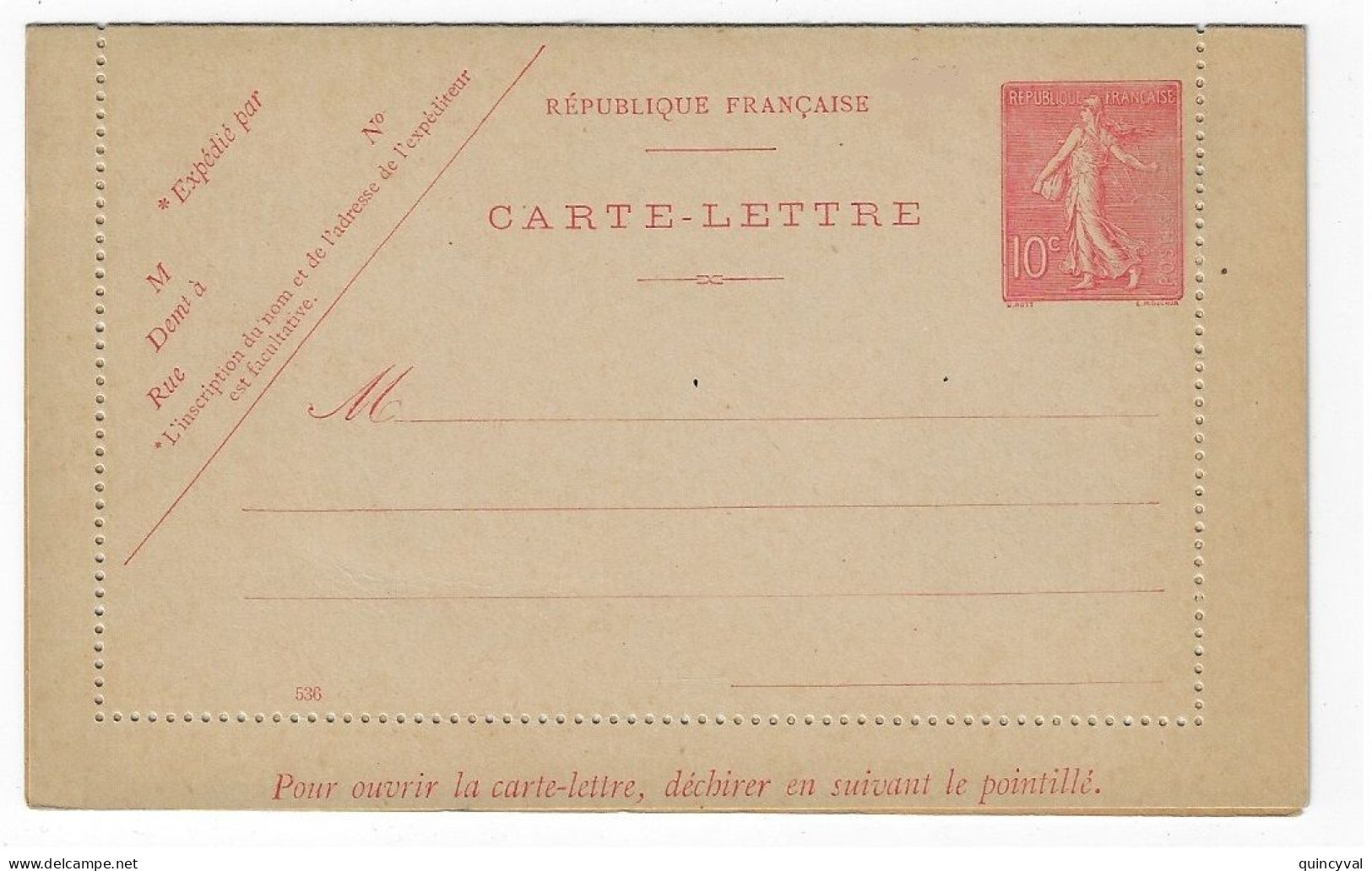 Entier Carte Lettre 10c Semeuse Lignée Mill 536 Yv 129-CL1 Storch A7 - Letter Cards