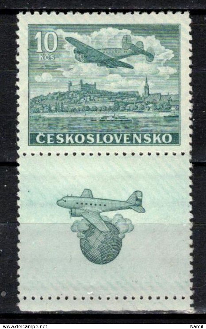 Tchécoslovaquie 1946 Mi 496 Zf (Yv PA 22 Avec Vignette), (MNH)** - Luftpost