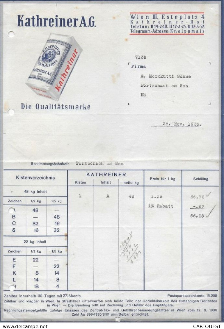 WIEN,1936 KATHREINER A.G. Wien III Esteplatz 4 KNEIPP MALZKAFFE - Austria
