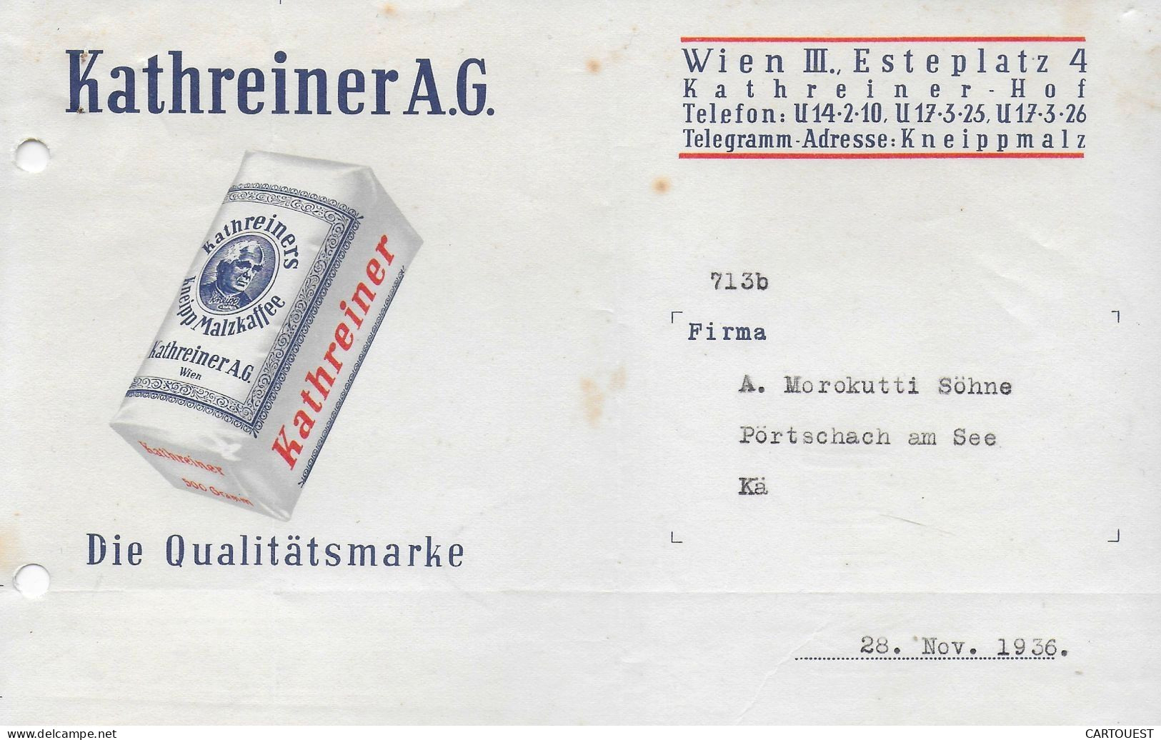 WIEN,1936 KATHREINER A.G. Wien III Esteplatz 4 KNEIPP MALZKAFFE - Oostenrijk