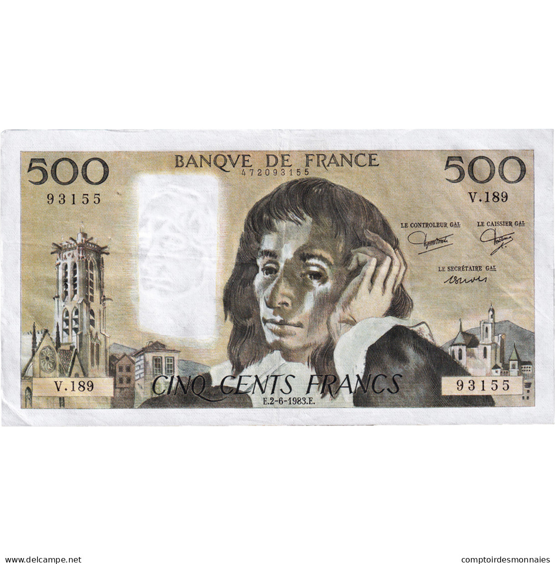 France, 500 Francs, Pascal, 1983, V.189, TTB+, Fayette:71.29 - 500 F 1968-1993 ''Pascal''