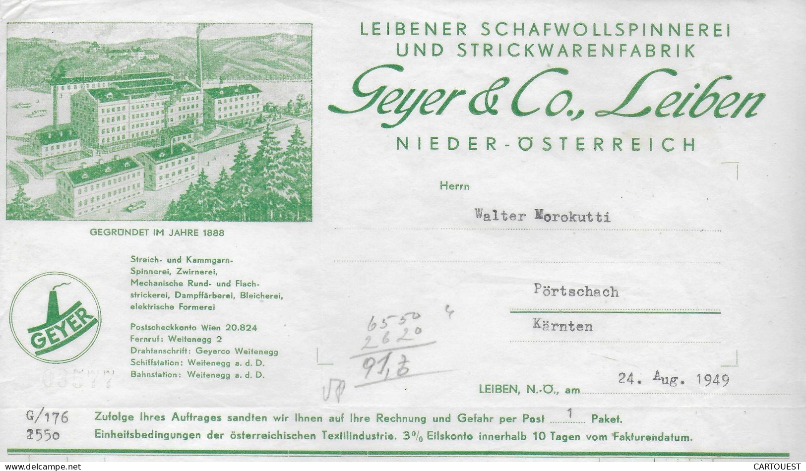 AUTRICHE ,1949 GEYER & Co LEIBEN LEIBENER SCHAFWOLLSPINNEREI UND STRICKWARENFABRIK - Österreich