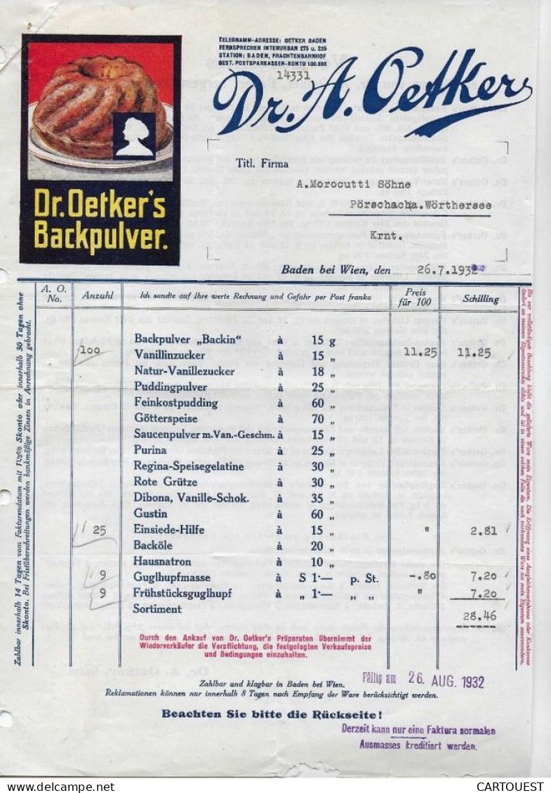 AUTRICHE , 26 Aug 1932 Dr A. Oetker's Backpulver. - Oostenrijk