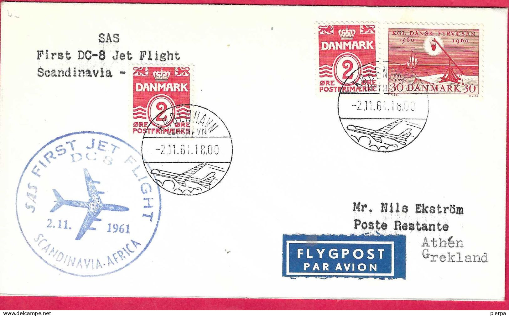 DANMARK - FIRST SAS FLIGHT DC 8 FROM KOPENHAGEN TO ATHEN* 2.11.1961* ON OFFICIAL COVER - Airmail