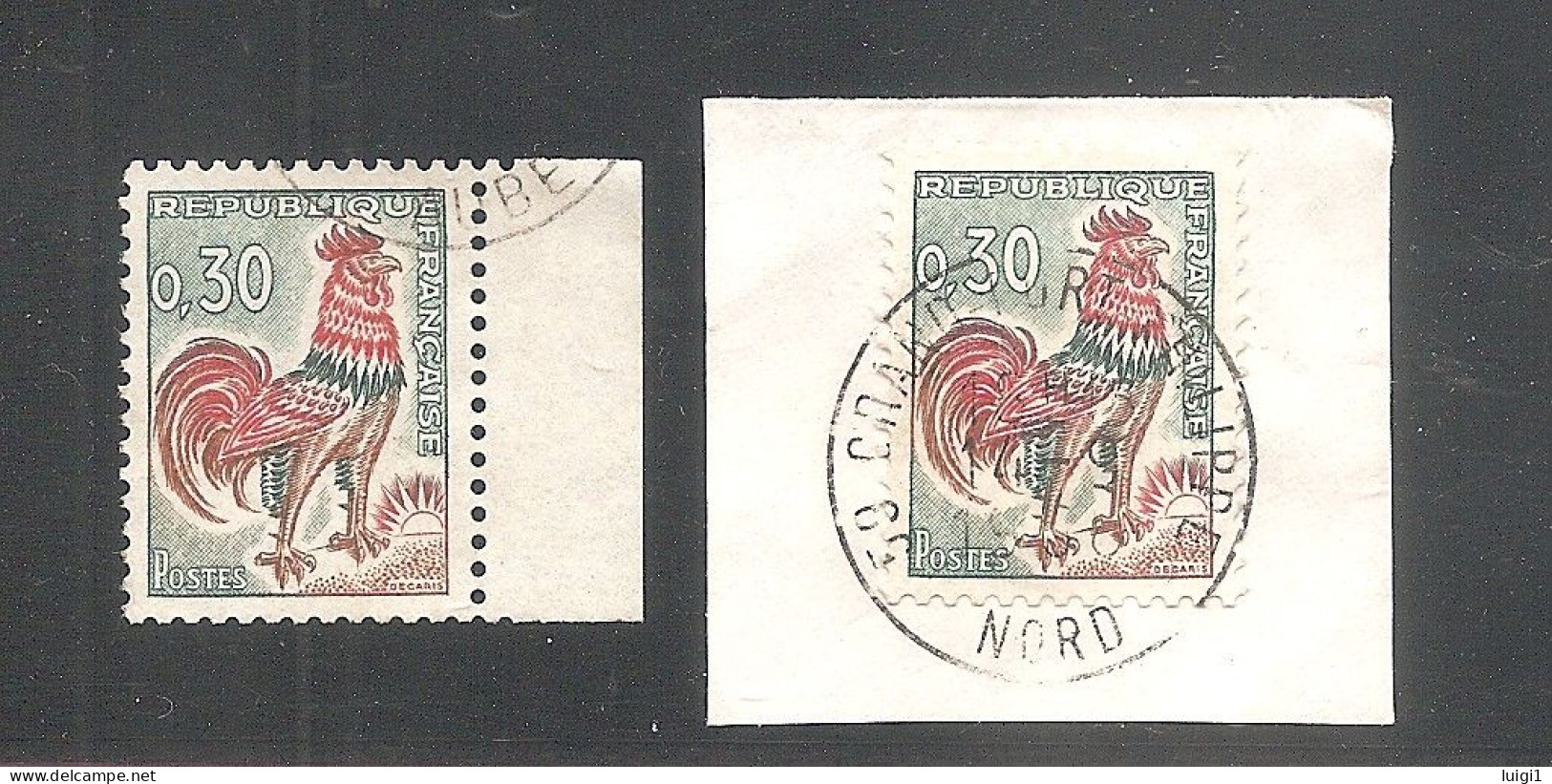 Coq DECARIS - Y&T N°1331A - 30c. Vert, Rouge Et Bistre - Oblitérés Issus De Carnet De 10 Timbres 1331A-C1. - 1962-1965 Hahn (Decaris)