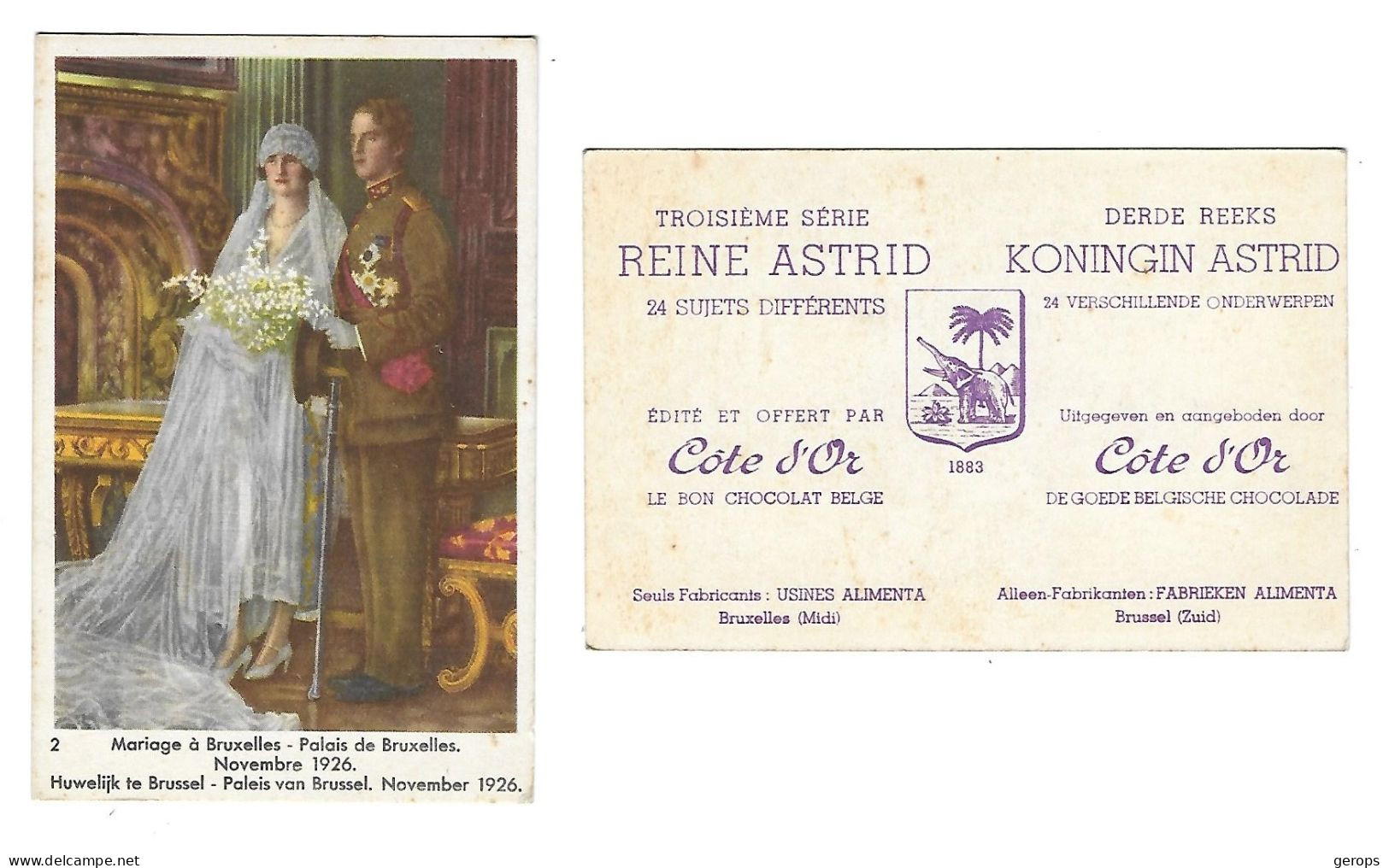 14a Cote D'Or Koningin Astrid Derde Reeks Nr 2 Huwelijk Te Brussel 1926 - Côte D'Or