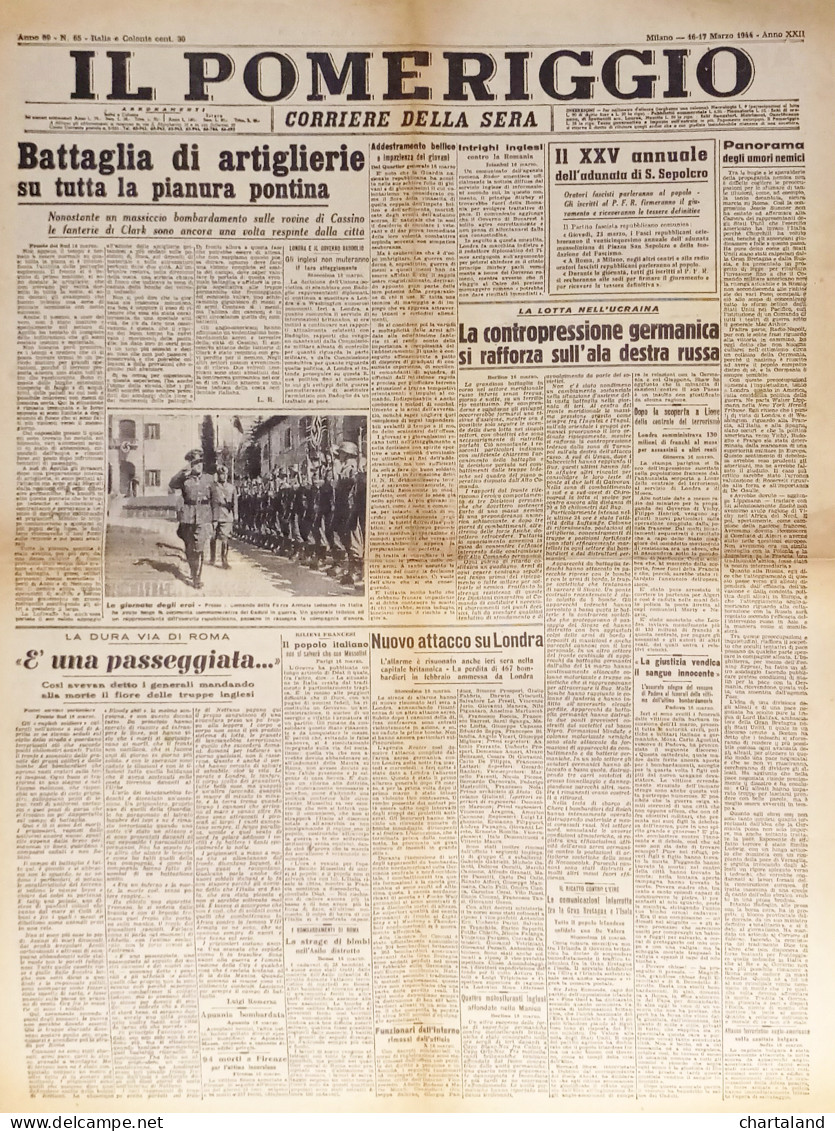 Corriere Della Sera - Il Pomeriggio N. 65 - 1944 Battaglia Di Artiglierie  - Altri & Non Classificati