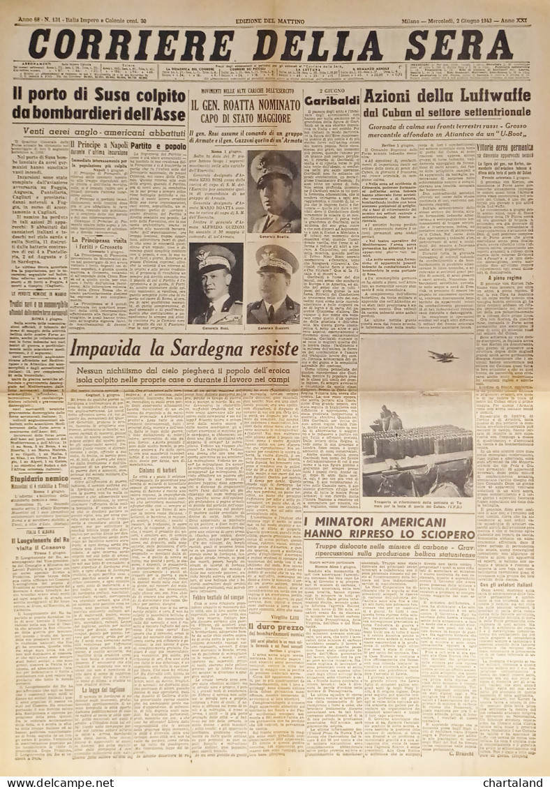 Corriere Della Sera N.131 - 1943 Porto Di Susa Colpito Da Bombardieri Dell' Asse - Altri & Non Classificati