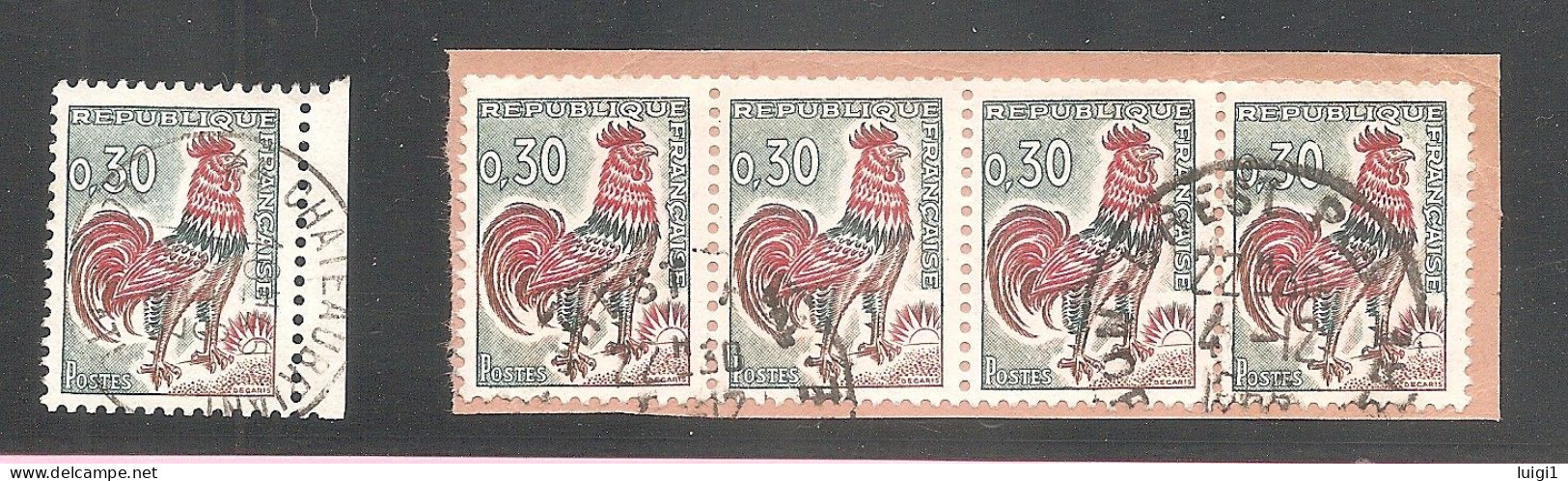 Coq DECARIS - Y&T N°1331A - 30c. Vert, Rouge Et Bistre - Oblitérés Issus De Carnet De 20 Timbres 1331A-C2. - 1962-1965 Coq De Decaris