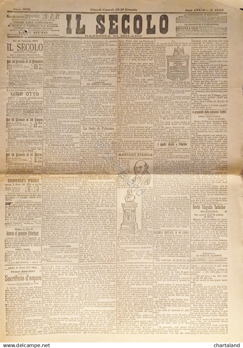 Gazzetta Di Milano - Il Secolo N. 11513 - 1898 Mariano Stabile - Altri & Non Classificati