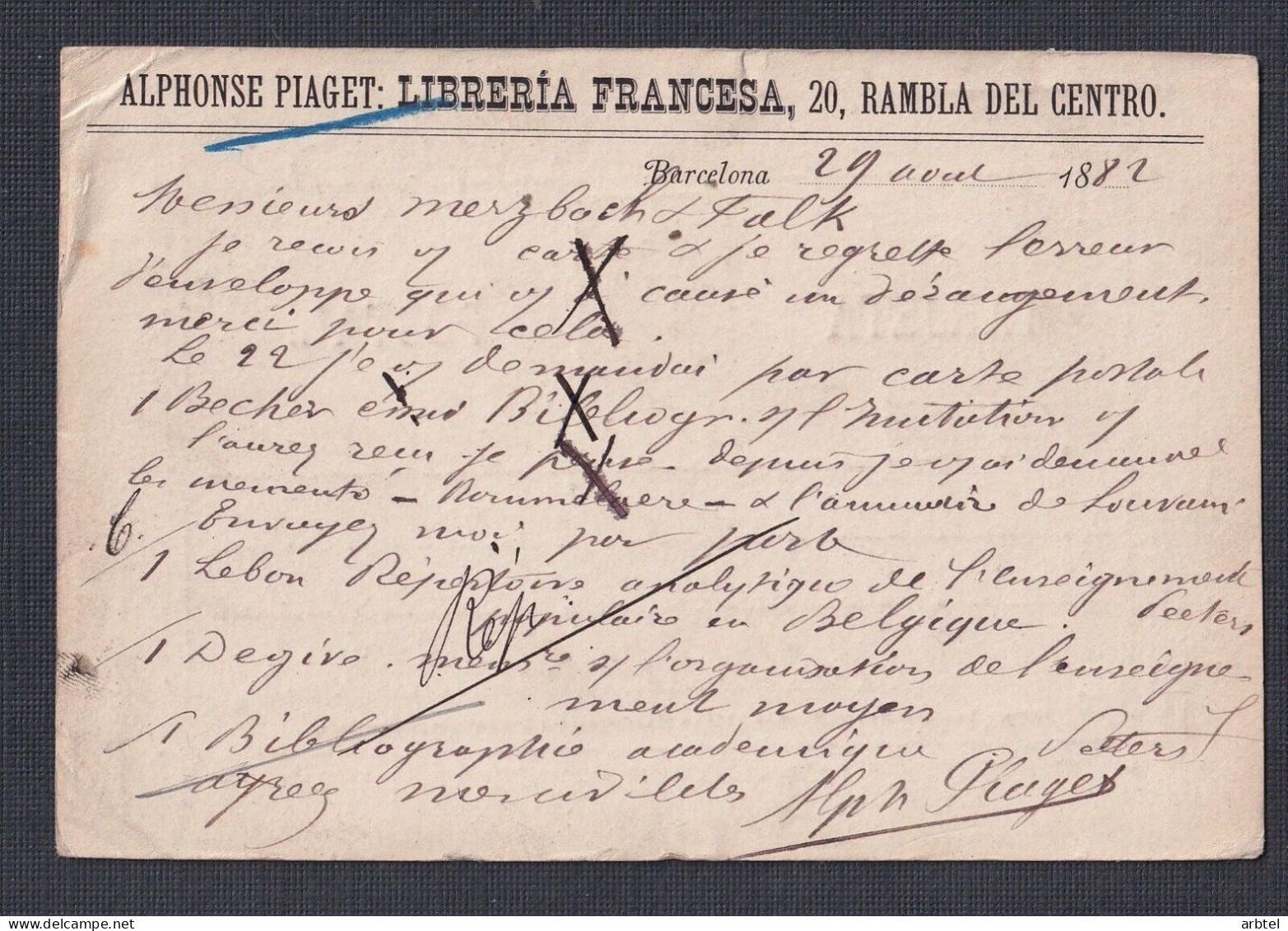ENTERO ALFONSO XII PELON POSTAL A  BELGICA 1892 IMPRESION PRIVADA ALPHONSE PIAGET MAT AMBULANTE CETTE BORDEAUS RAPIEDE - Lettres & Documents
