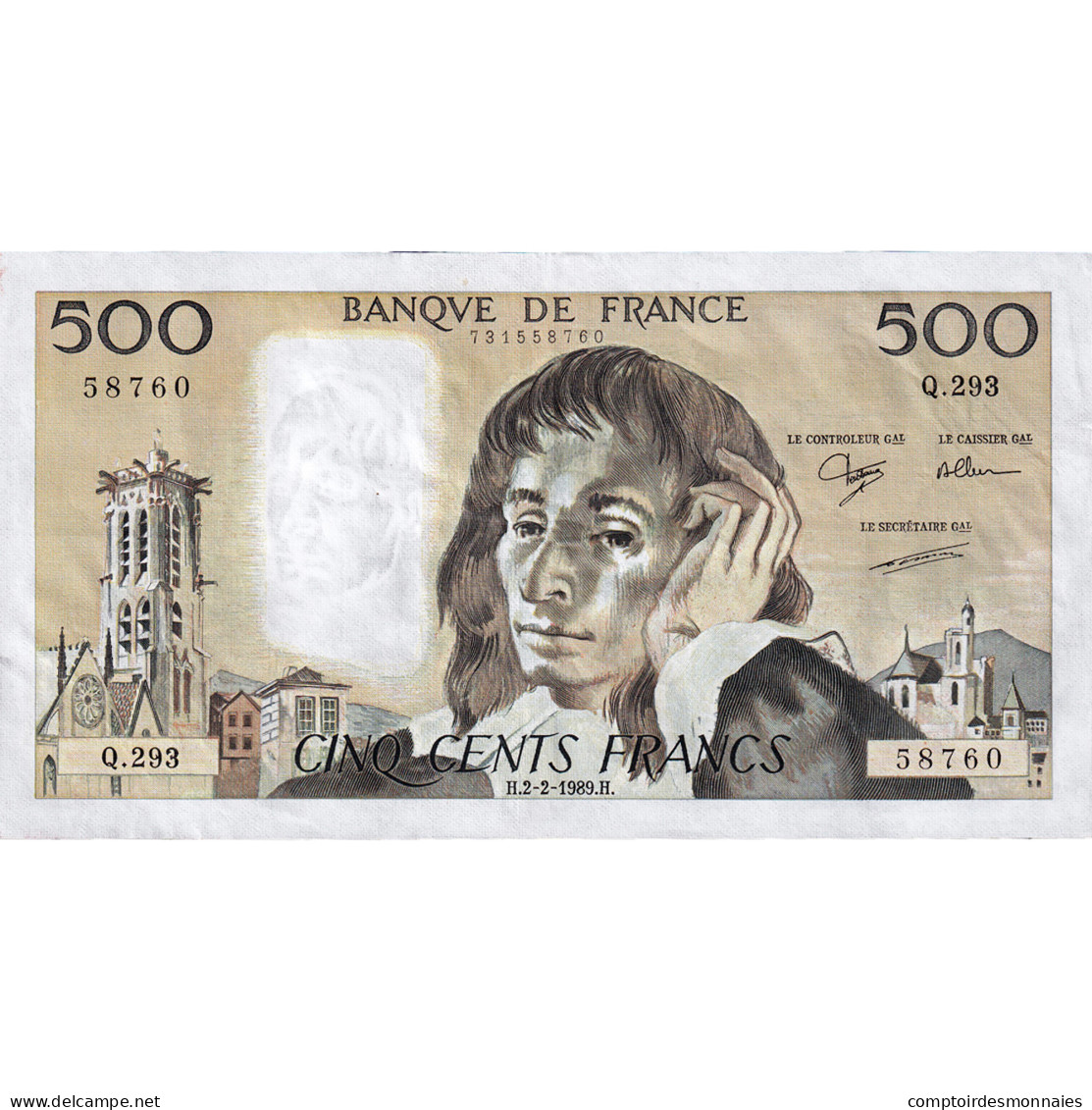 France, 500 Francs, Pascal, 1989, Q.293, TTB+, Fayette:71.40 - 500 F 1968-1993 ''Pascal''