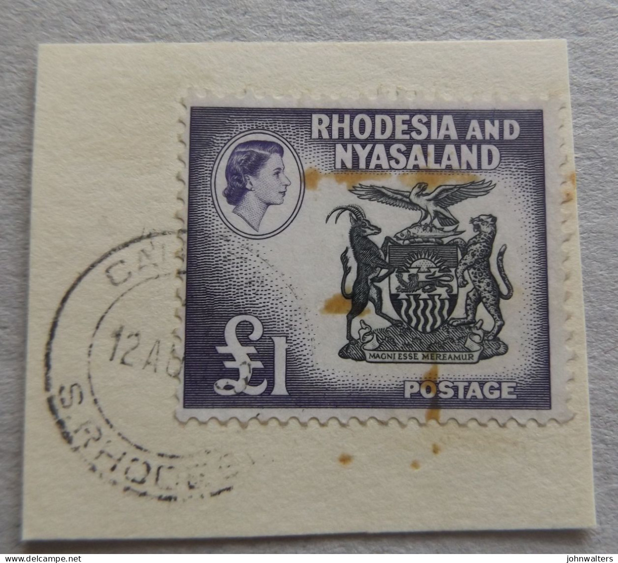 1959 Rhodesia & Nyasaland £1 Definitive Used On Piece Postmarked 12 Aug ( Day If Issue ) Stains - Rhodesië & Nyasaland (1954-1963)