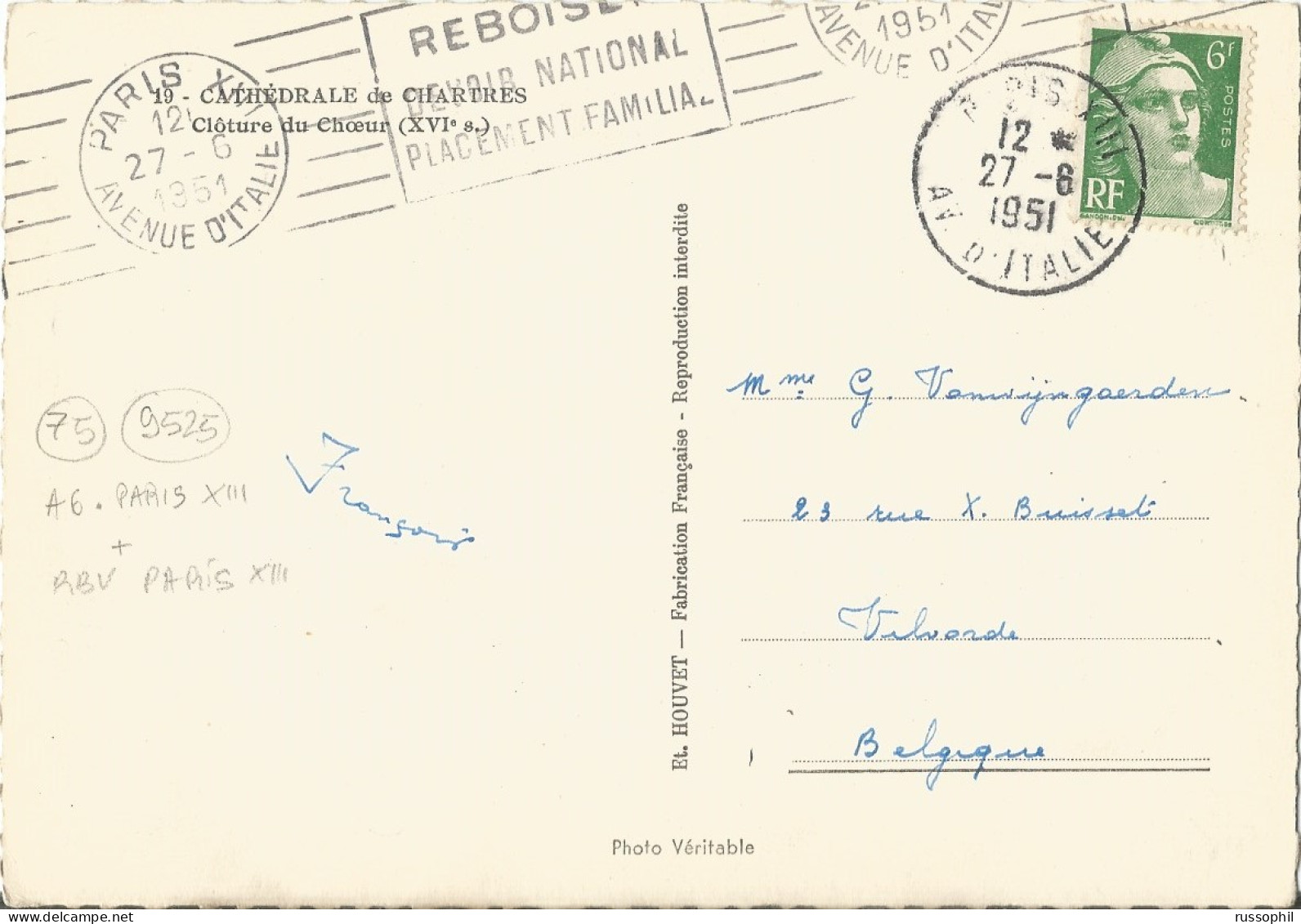 FRANCE - VARIETY &  CURIOSITY - BOTH RBV MACHINE PMK "PARIS XIII REBOISER" AND MANUAL A6 DEPART. CDS "PARIS XIII" - 1951 - Lettres & Documents