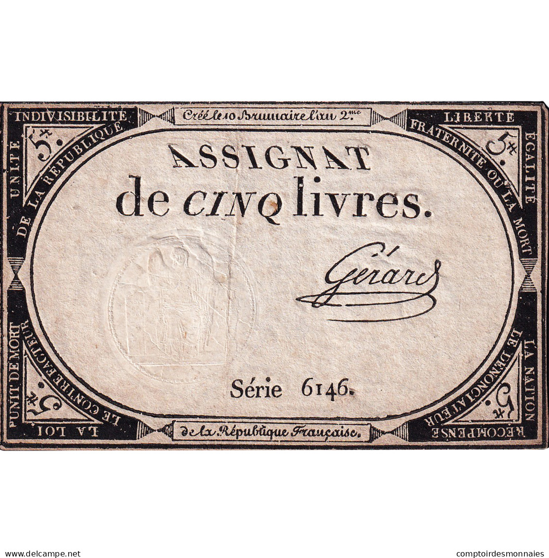 France, 5 Livres, An 2, SERIE 6146, TB+, KM:A76, Lafaurie:171 - Assignate