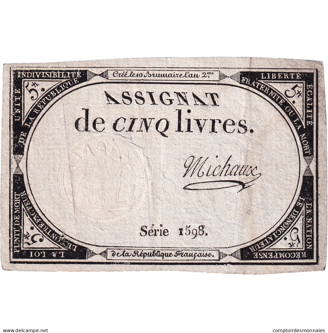 France, 5 Livres, An 2, SERIE 1598, TTB, KM:A76, Lafaurie:171 - Assignats & Mandats Territoriaux