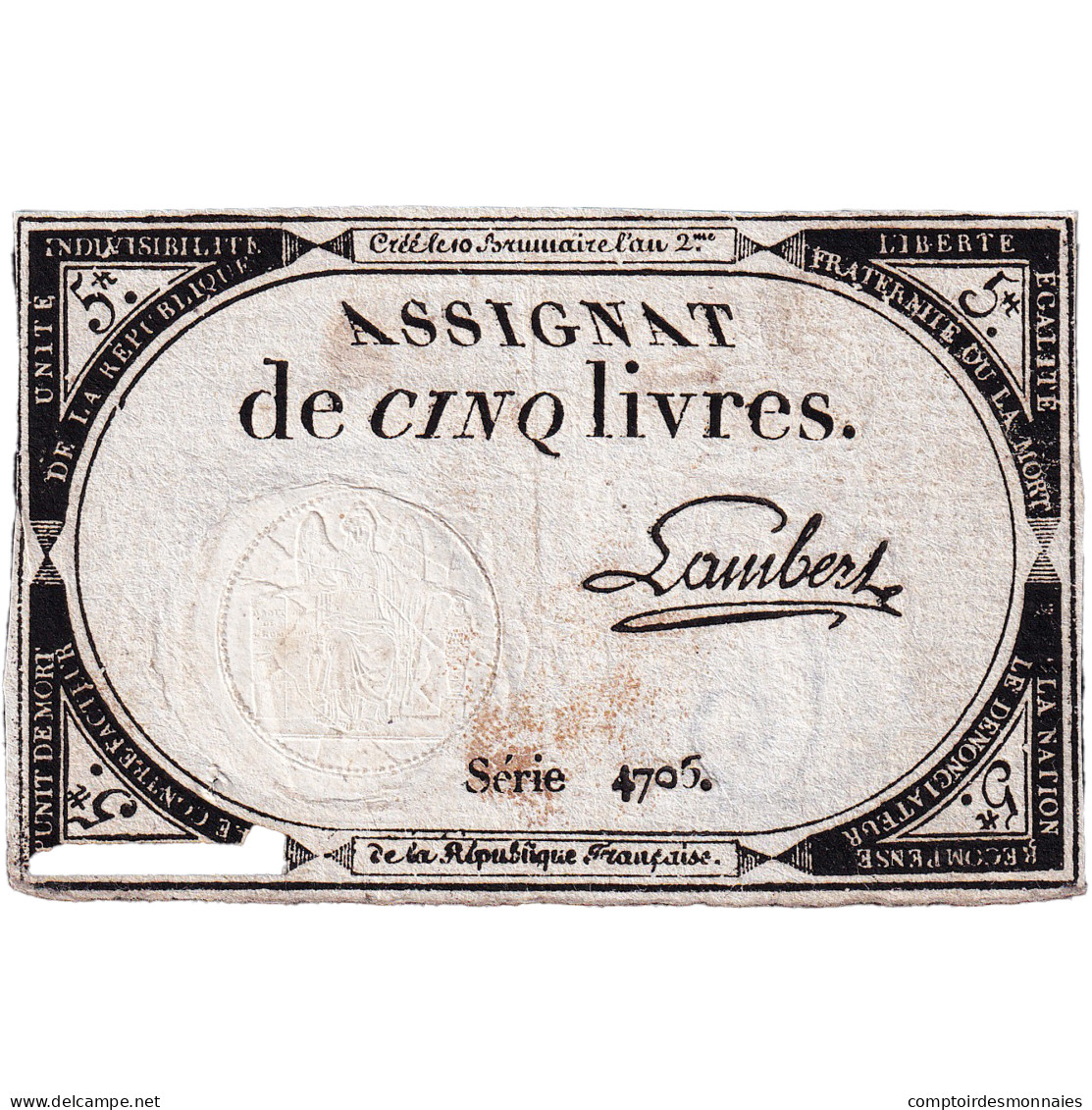 France, 5 Livres, An 2, SERIE 4705, TTB, KM:A76, Lafaurie:171 - Assegnati