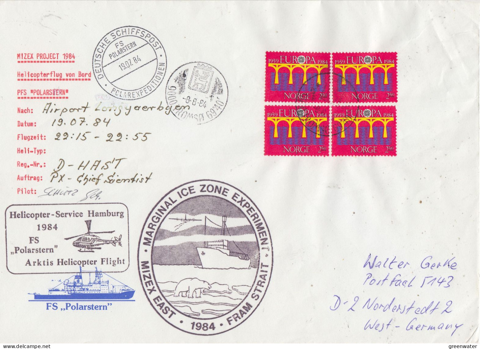 Norway Mizex Project 1984 Large Cover Heli Flight Polarstern To Longyearbyen Airport 19.7.1984 (MZ160) - Vols Polaires
