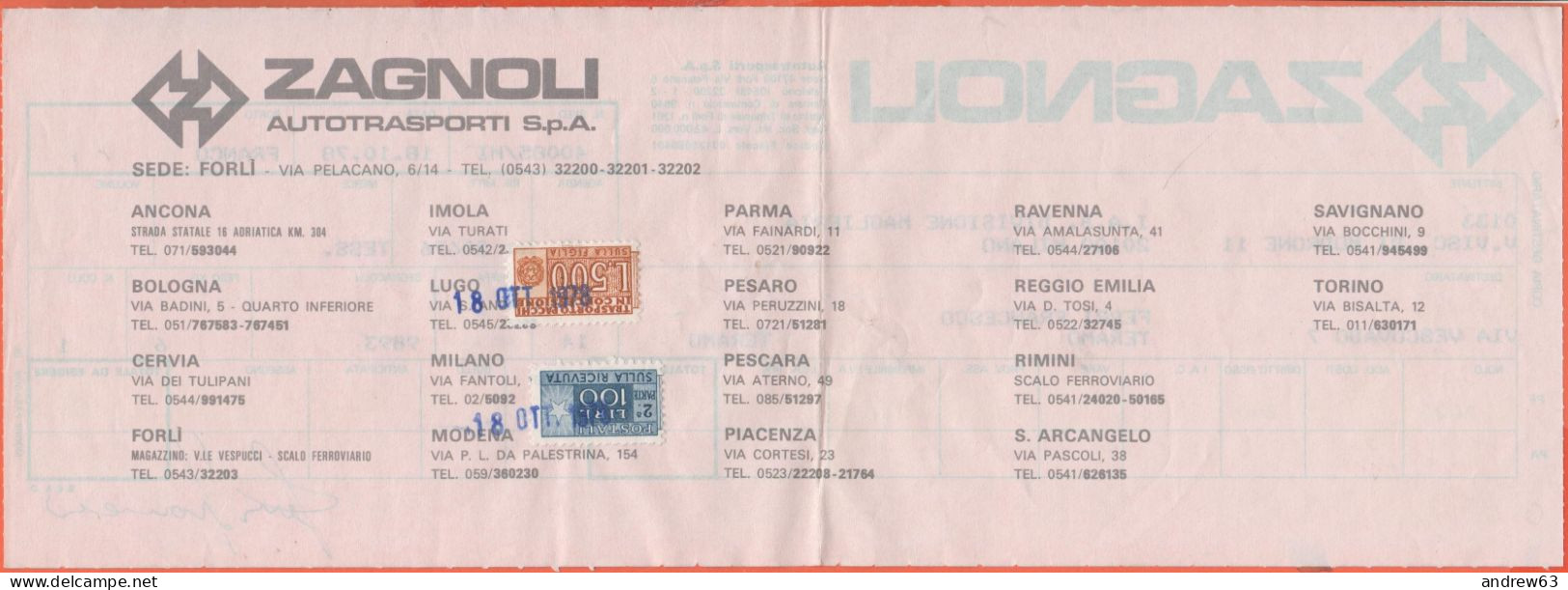 ITALIA - ITALY - ITALIE - 1978 - 100 + 500 Pacchi In Concessione - Lettera Di Vettura Zagnoli Autotrasporti SPA - Colis-concession