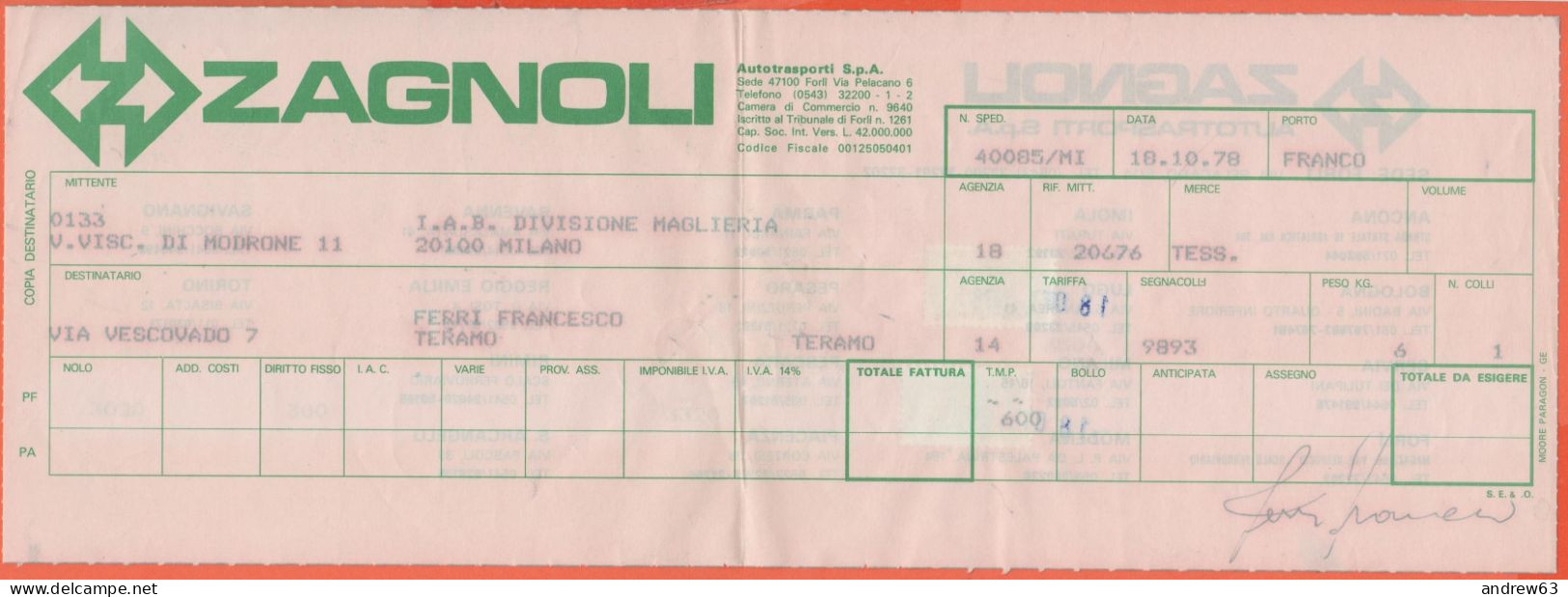 ITALIA - ITALY - ITALIE - 1978 - 100 + 500 Pacchi In Concessione - Lettera Di Vettura Zagnoli Autotrasporti SPA - Colis-concession