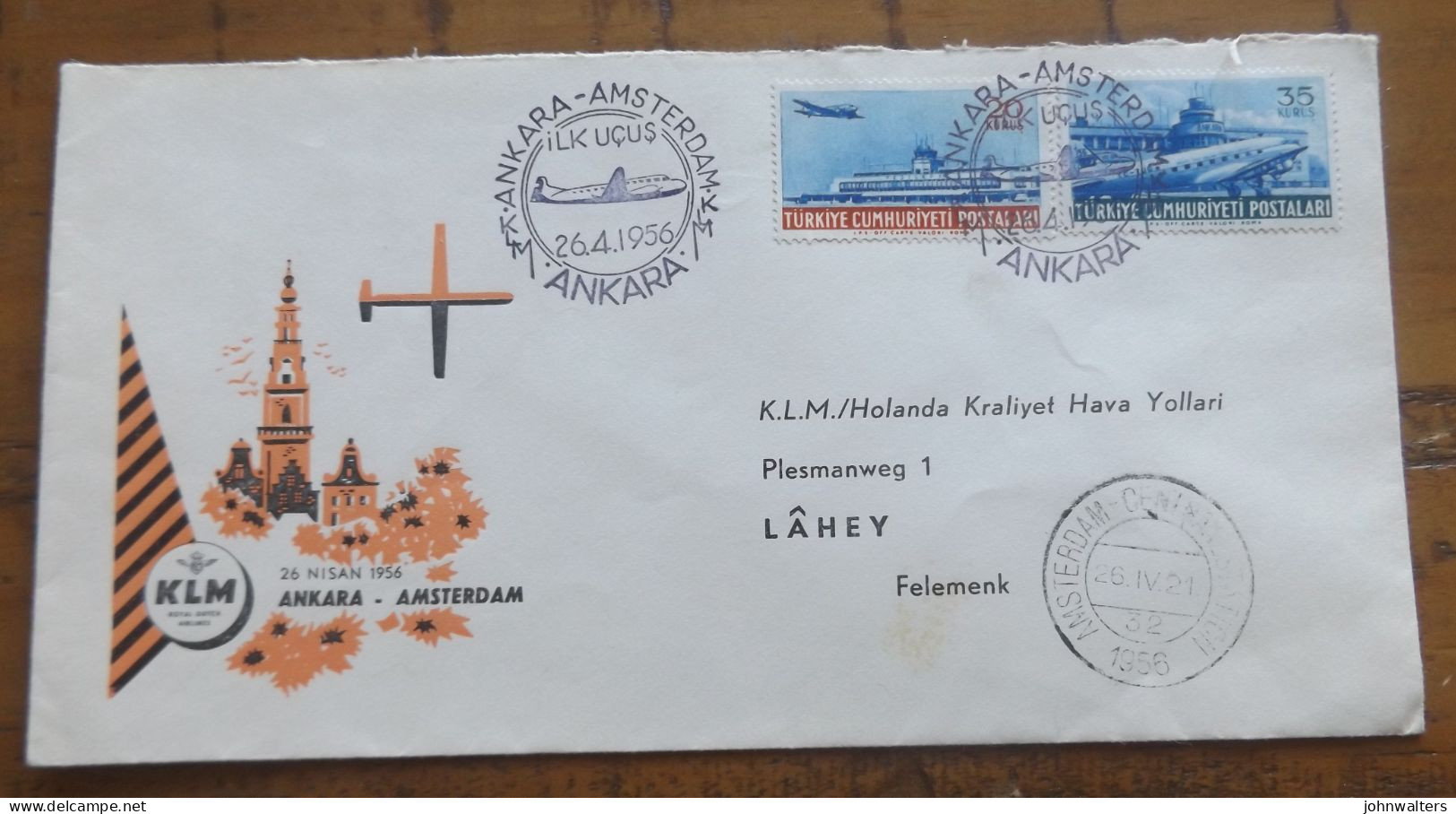 KLM Cover Ankara Amsterdam First Flight Postmarked ILK Ucus  26.4.1956 - Brieven En Documenten