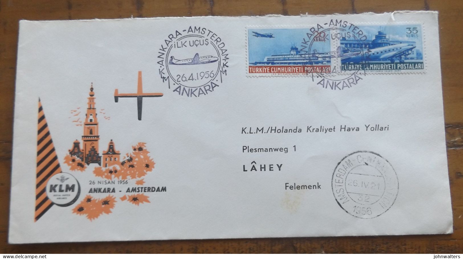 KLM Cover Ankara Amsterdam First Flight Postmarked ILK Ucus  26.4.1956 - Lettres & Documents