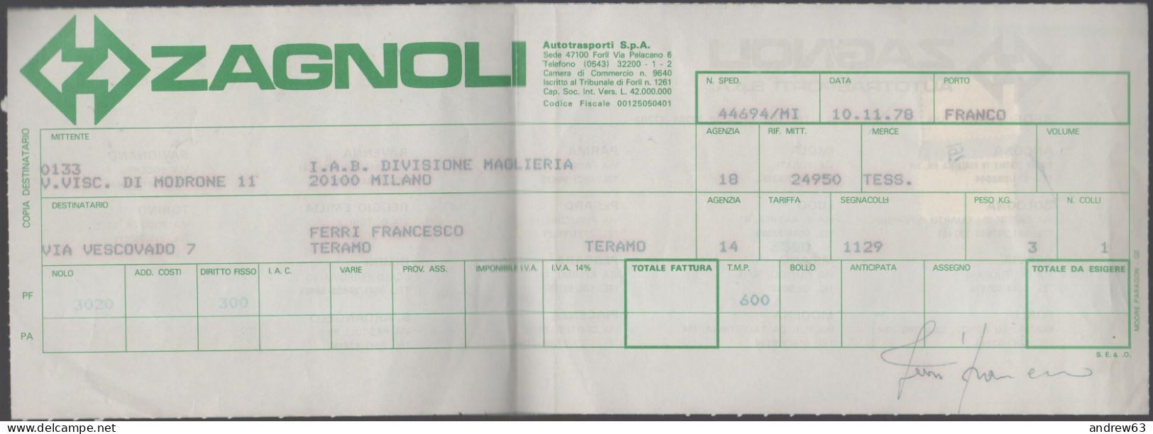 ITALIA - ITALY - ITALIE - 1978 - 100 + 500 Pacchi In Concessione - Lettera Di Vettura Zagnoli Autotrasporti SPA - Colis-concession