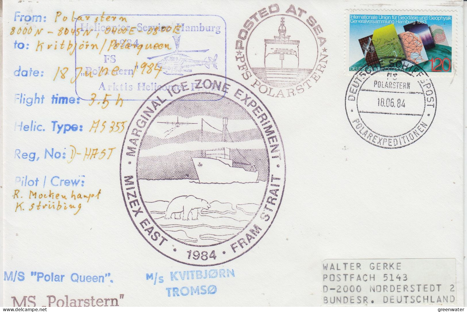 Germany Mizex Project 1984 Heli Flight From Polarstern To Kvitbjorn/Polar Queen 19.6.1984 (MZ163) - Vols Polaires