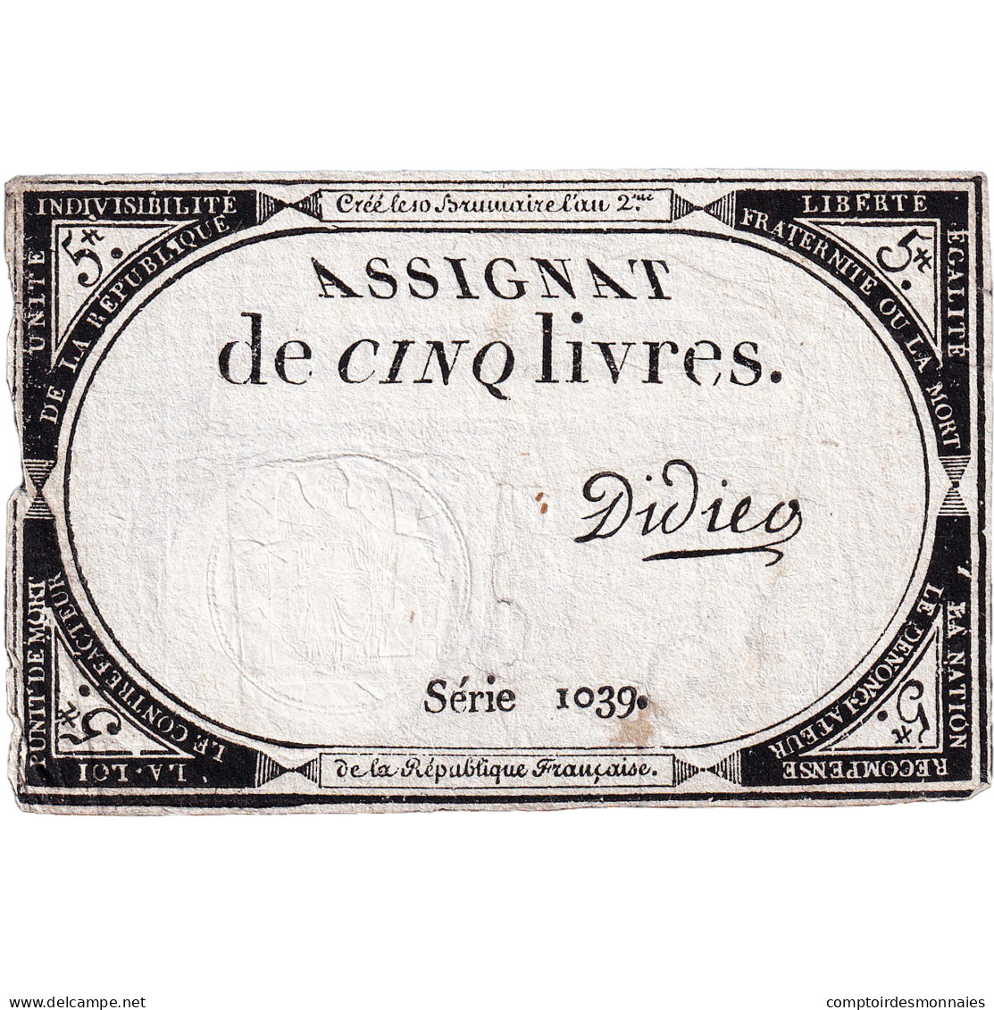 France, 5 Livres, An 2, SERIE 1039, TTB, KM:A76, Lafaurie:171 - Assegnati