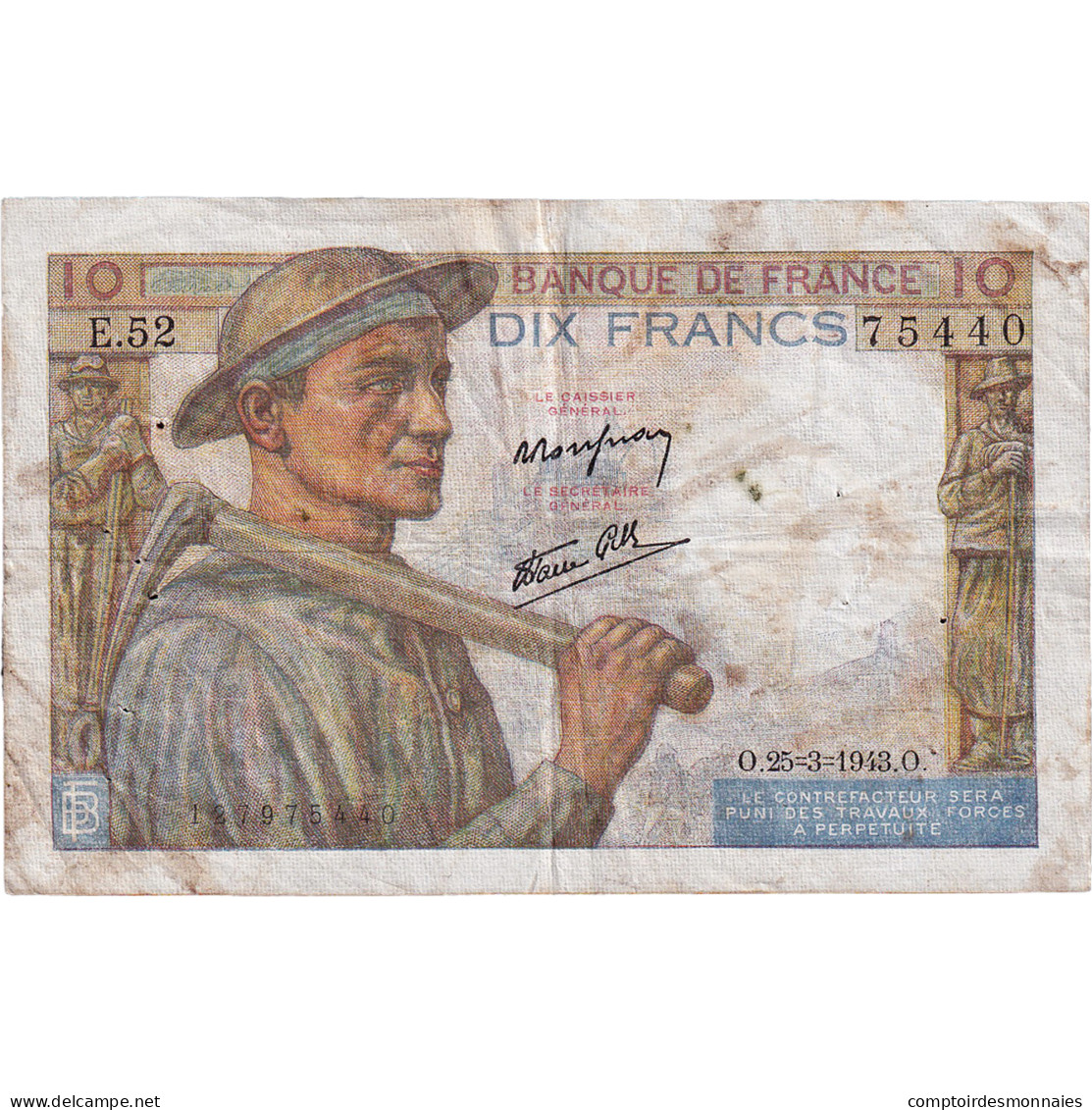 France, 10 Francs, Mineur, 1943, E.52, TB, Fayette:08.08 - 10 F 1941-1949 ''Mineur''