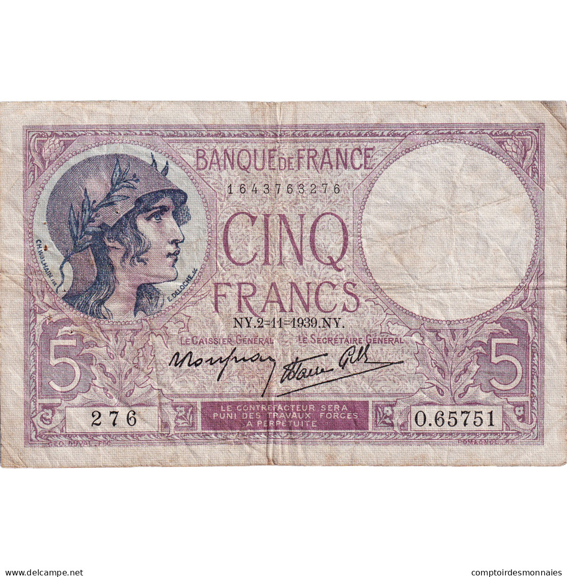 France, 5 Francs, Violet, 1939, O.65751, TB, Fayette:04.14 - 5 F 1917-1940 ''Violet''