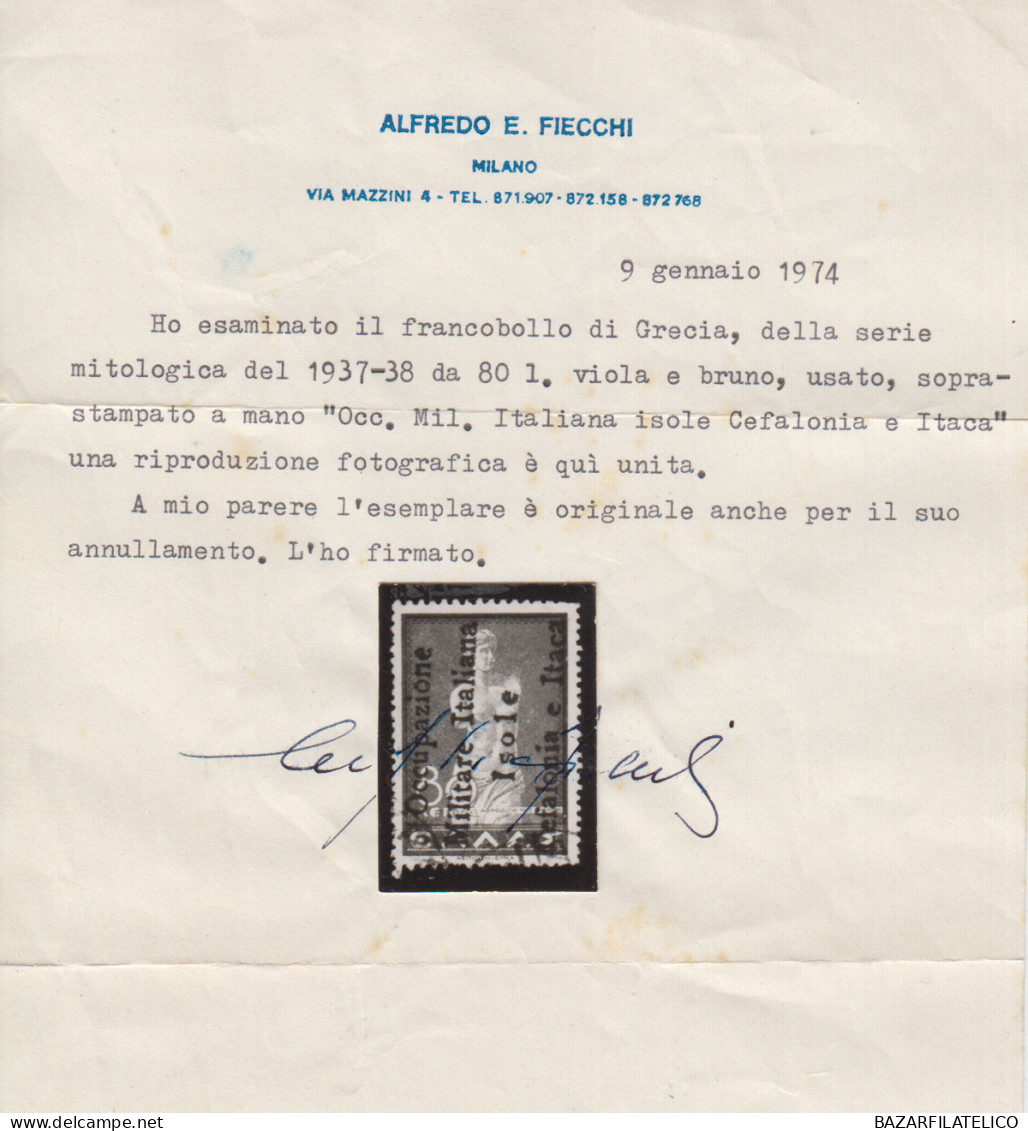 OCCUPAZIONI ITACA 1937-38 MITOLOGICA 80 L. N.33 "O" MAIUSCOLA USATO CERT RARITA' - Cefalonia & Itaca