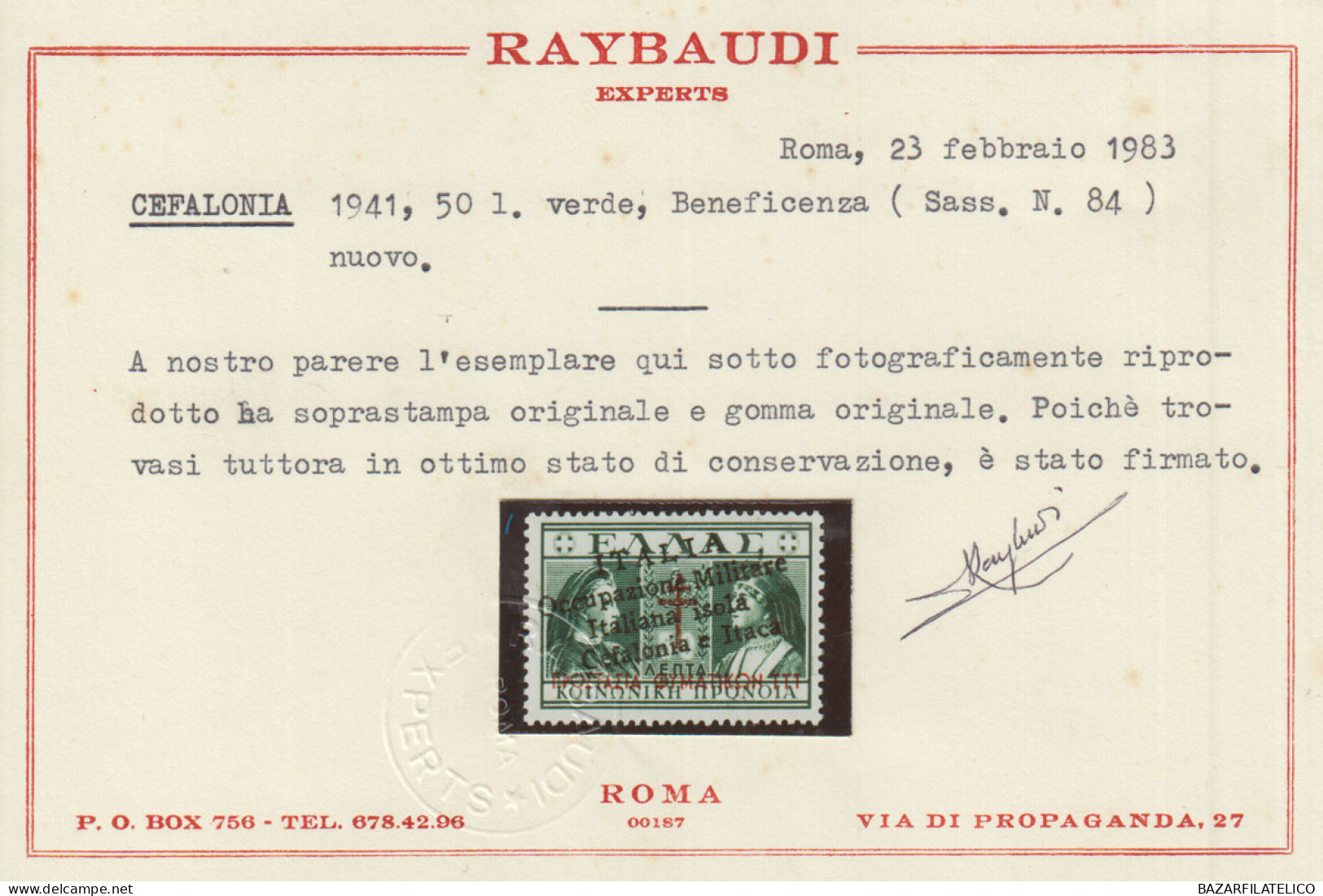 OCCUPAZIONI CEFALONIA E ITACA 1940 BENEFICENZA 50 L. N.84 G.O MH* CERT. - Cefalonia & Itaca