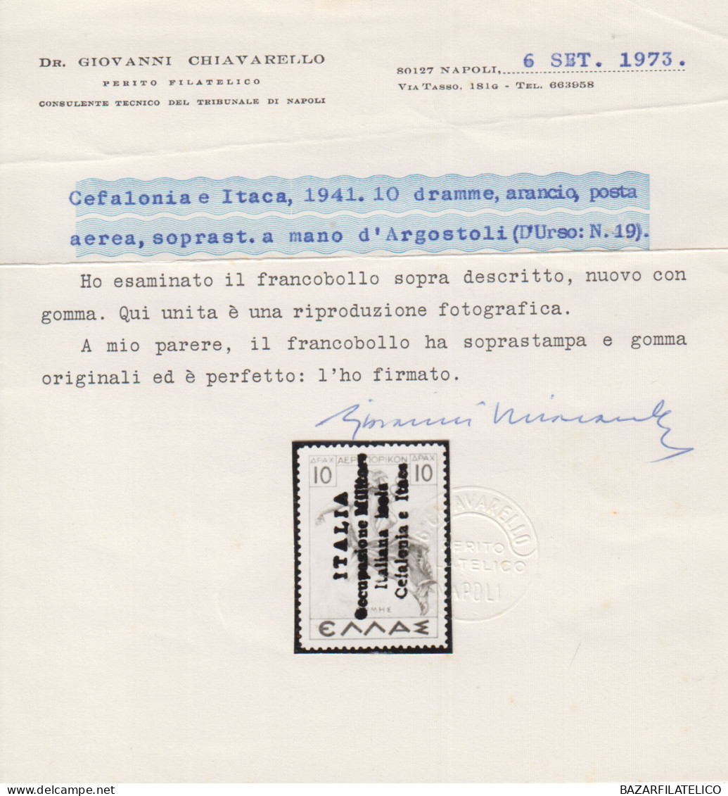 CEFALONIA E ITACA 1941 POSTA AEREA 10 D. ARANCIO N.18 G.I MNH** CERT. RARITA' - Cefalonia & Itaca