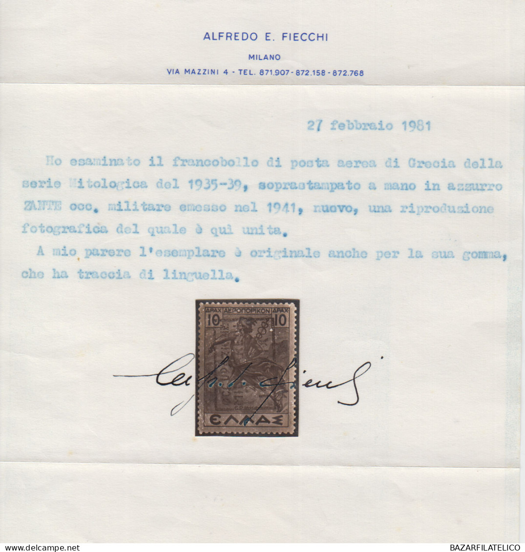 OCCUPAZIONI ZANTE 1941 POSTA AEREA 10 D. N.5 G.O MLH* 2 CERT. RARITA' - Zante