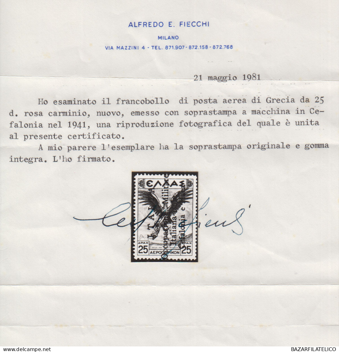CEFALONIA E ITACA 1941 POSTA AEREA 25 D. SINGOLO G.I MNH** 2 CERT. - Cefalonia & Itaca