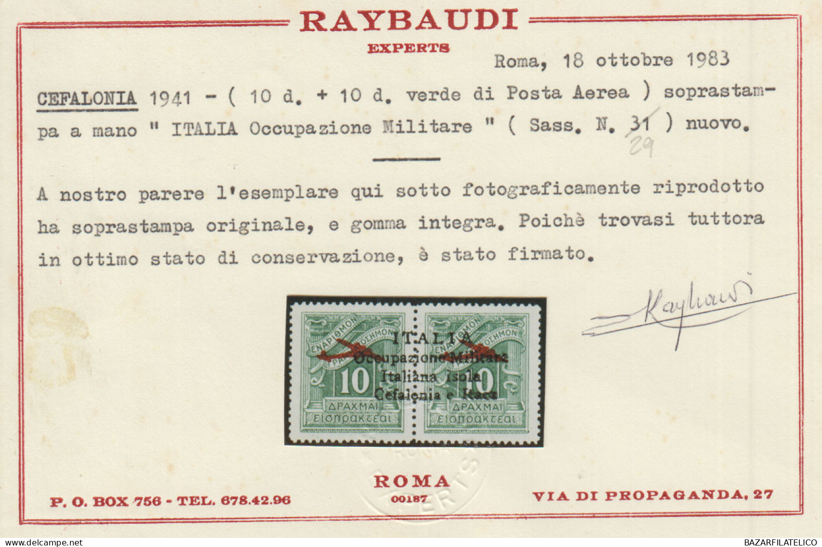 CEFALONIA E ITACA 1941 POSTA AEREA 10 + 10 D. VERDE N.29 G.I MNH** CERT. RARITA' - Cefalonia & Itaca