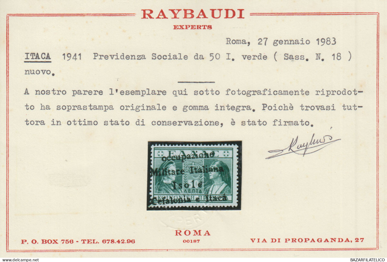 OCCUPAZIONI ITACA 1939 PREVIDENZA SOCIALE 50 L. N.18 G.I MNH** 2 CERT. RARITA' - Cefalonia & Itaca