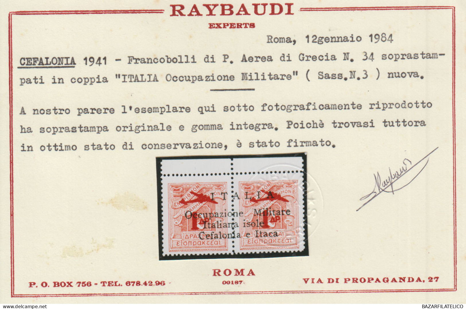 CEFALONIA E ITACA 1941 POSTA AEREA 30 D. SINGOLO N.8Ac G.I MNH** CERT. - Cefalonia & Itaca